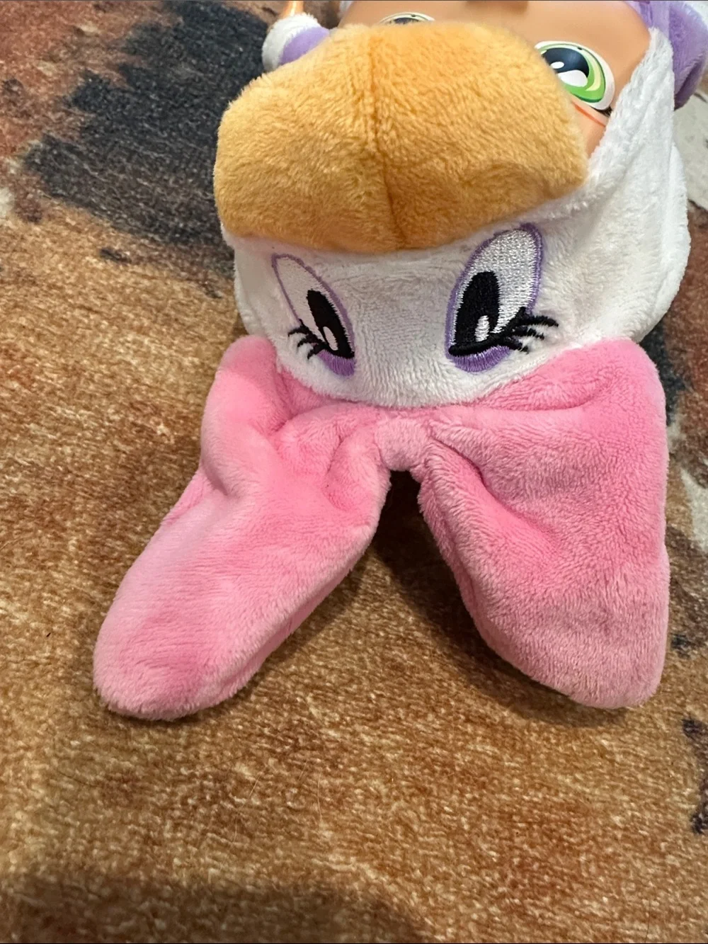 Plush Baby Doll in Purple, White, Orange with Pink Accessory